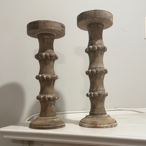 Other - Wooden Banded Bead Pillar Candle Holders